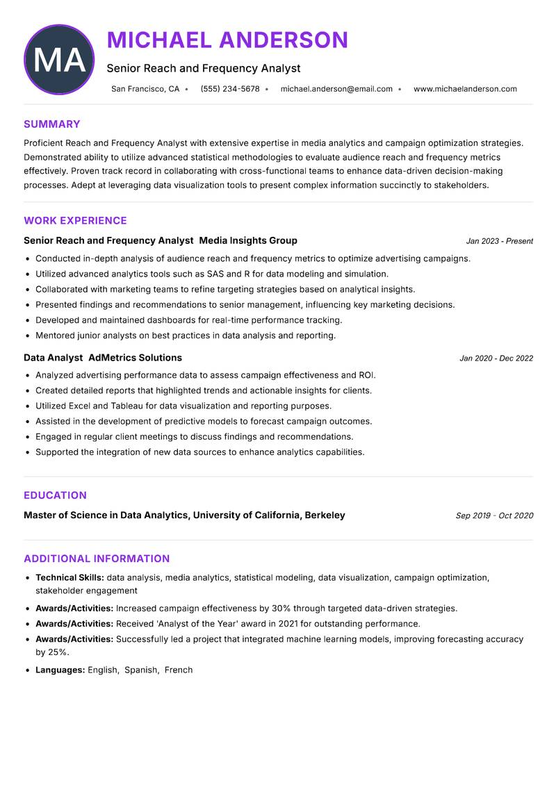 Reach and Frequency Analyst Resume Preview Example