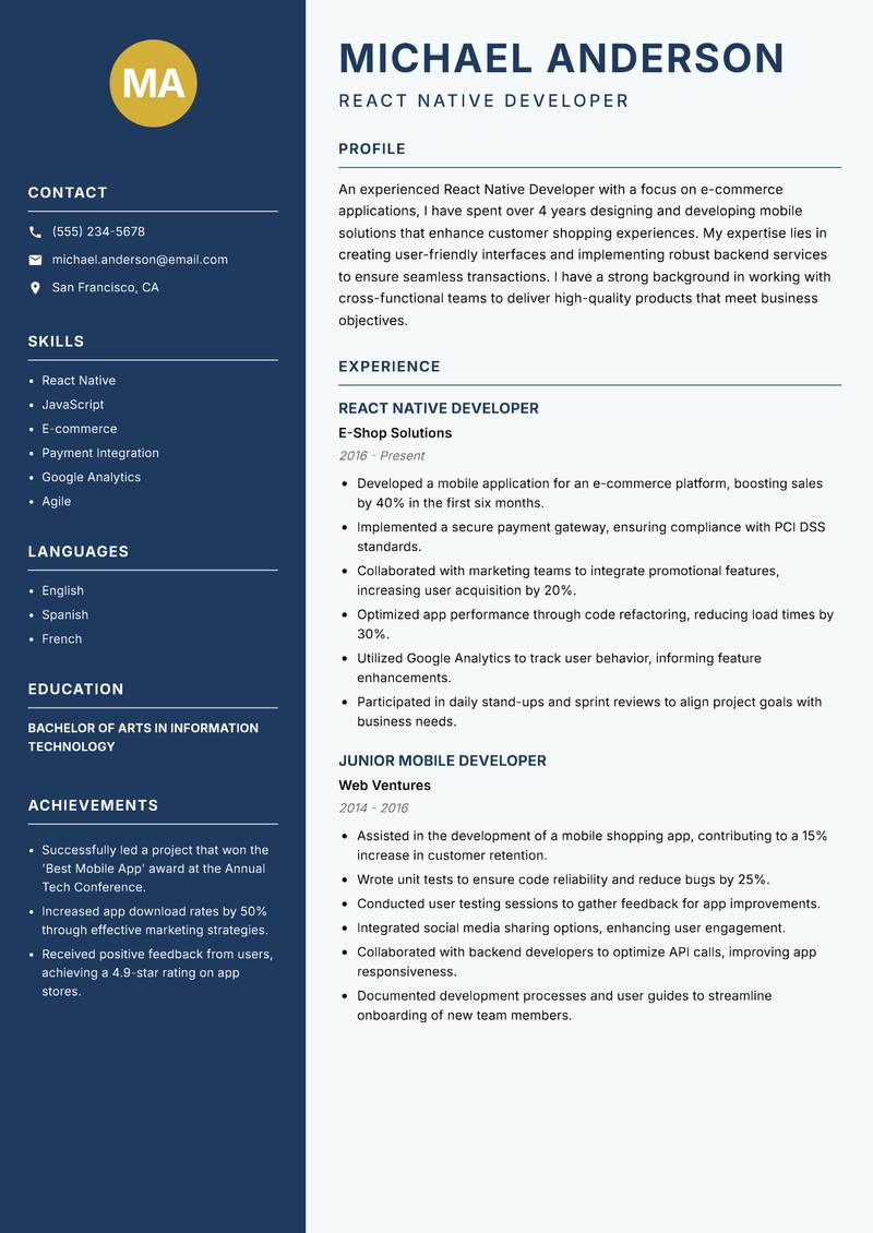 React Native Developer Resume Preview Example