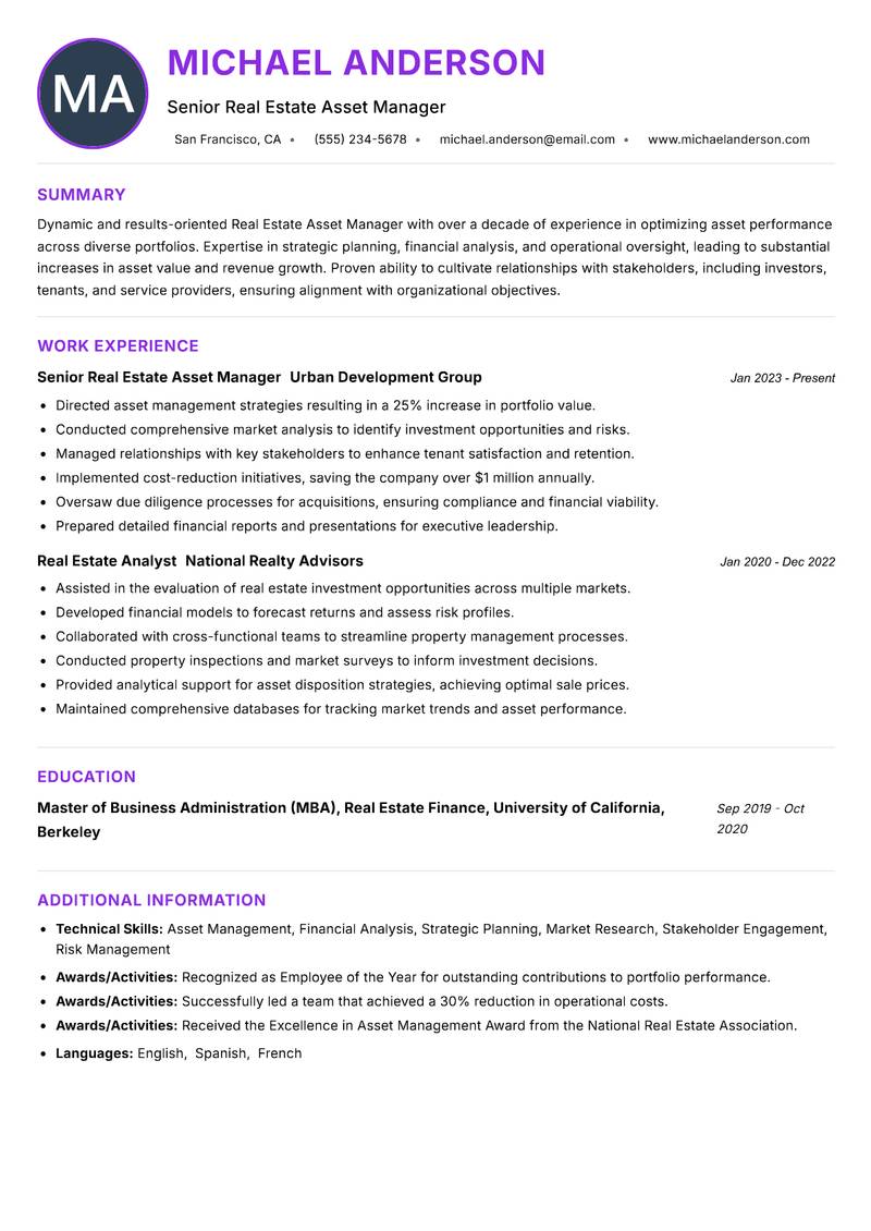 Real Estate Asset Manager Resume Preview Example