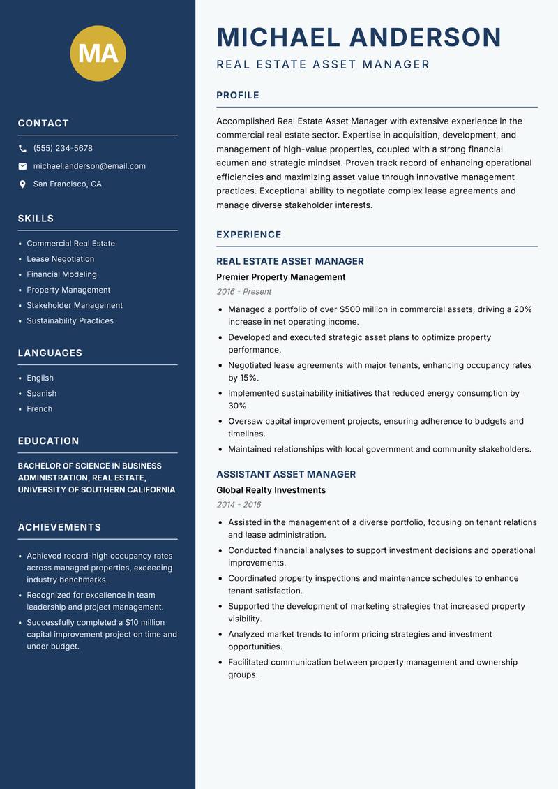 Real Estate Asset Manager Resume Preview Example