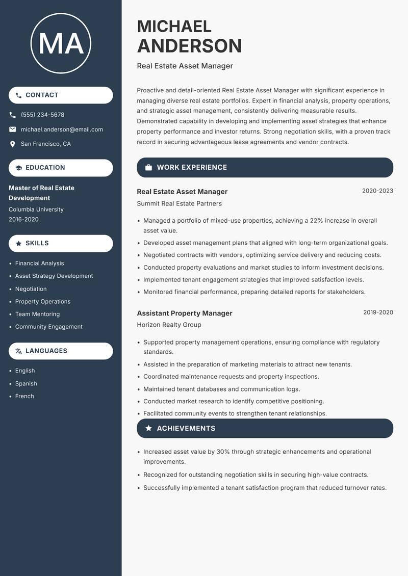 Real Estate Asset Manager Resume Preview Example