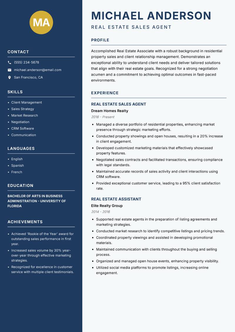 Real Estate Associate Resume Preview Example