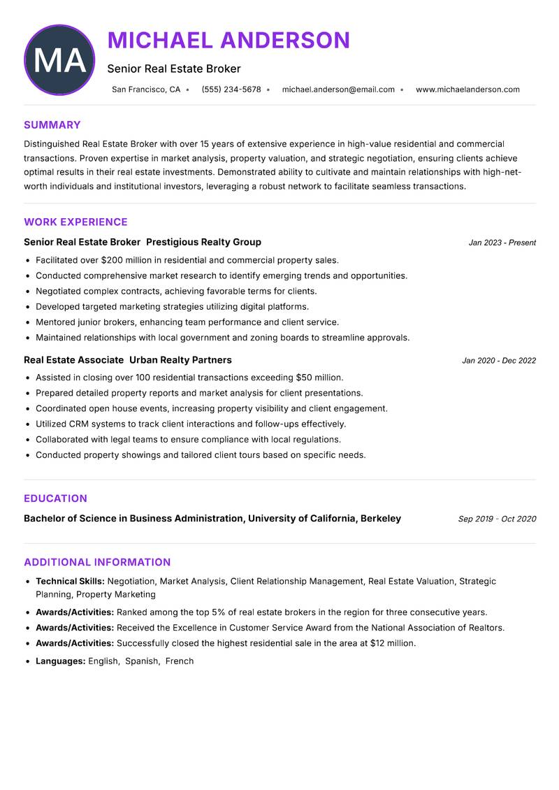 Real Estate Broker Resume Preview Example