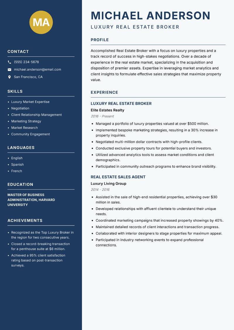 Real Estate Broker Resume Preview Example