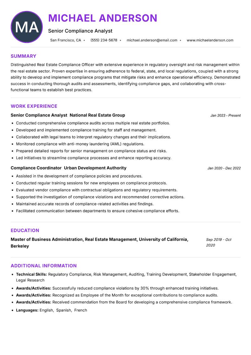 Real Estate Compliance Officer Resume Preview Example