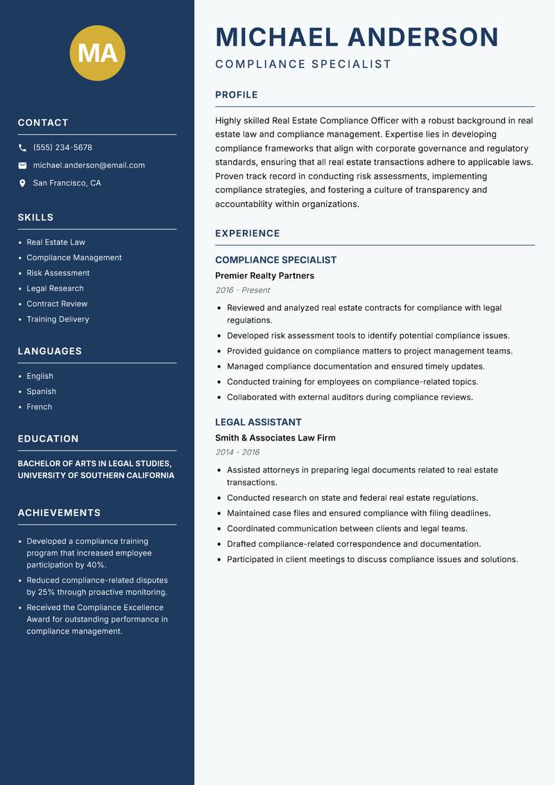Real Estate Compliance Officer Resume Preview Example