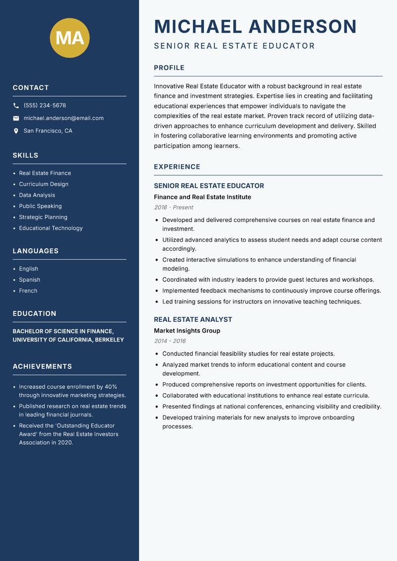 Real Estate Educator Resume Preview Example