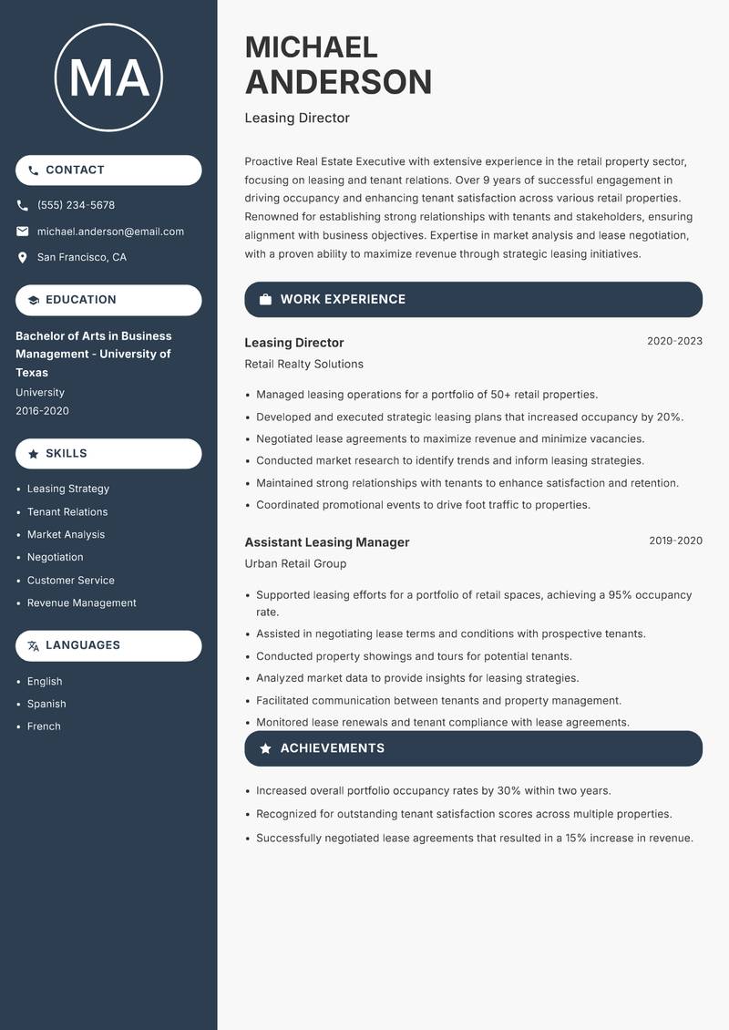 Real Estate Executive Resume Preview Example