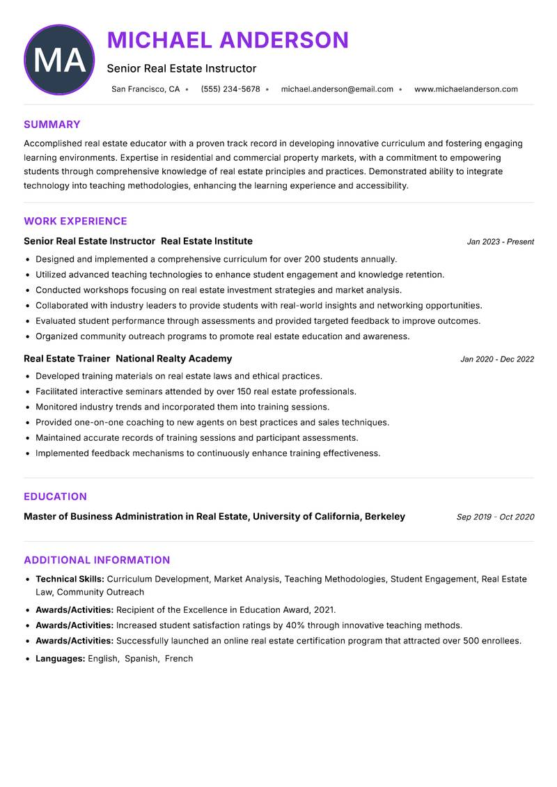Real Estate Instructor Resume Preview Example