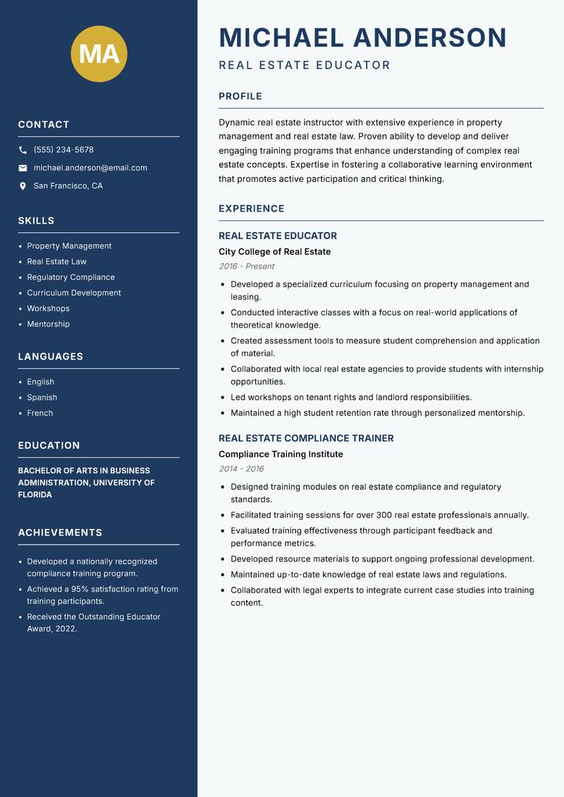 Real Estate Instructor Resume Preview Example