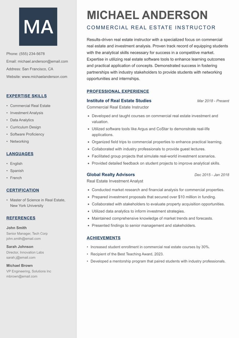 Real Estate Instructor Resume Preview Example