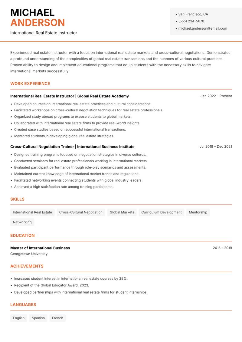 Real Estate Instructor Resume Template