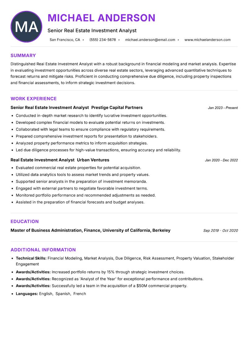 Real Estate Investment Analyst Resume Preview Example