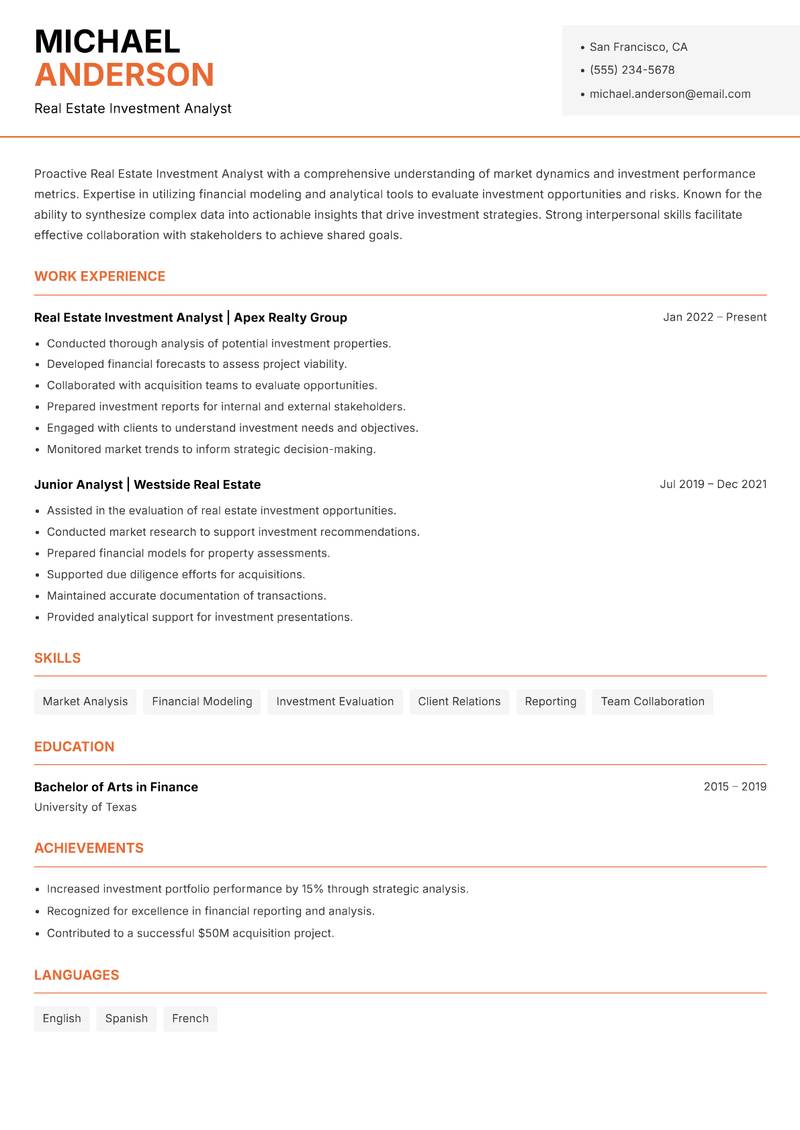 Real Estate Investment Analyst Resume Template