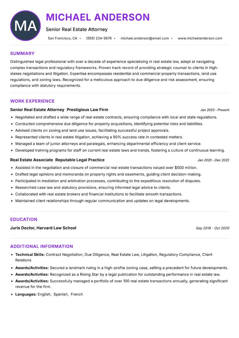 Real Estate Lawyer Resume Preview Example