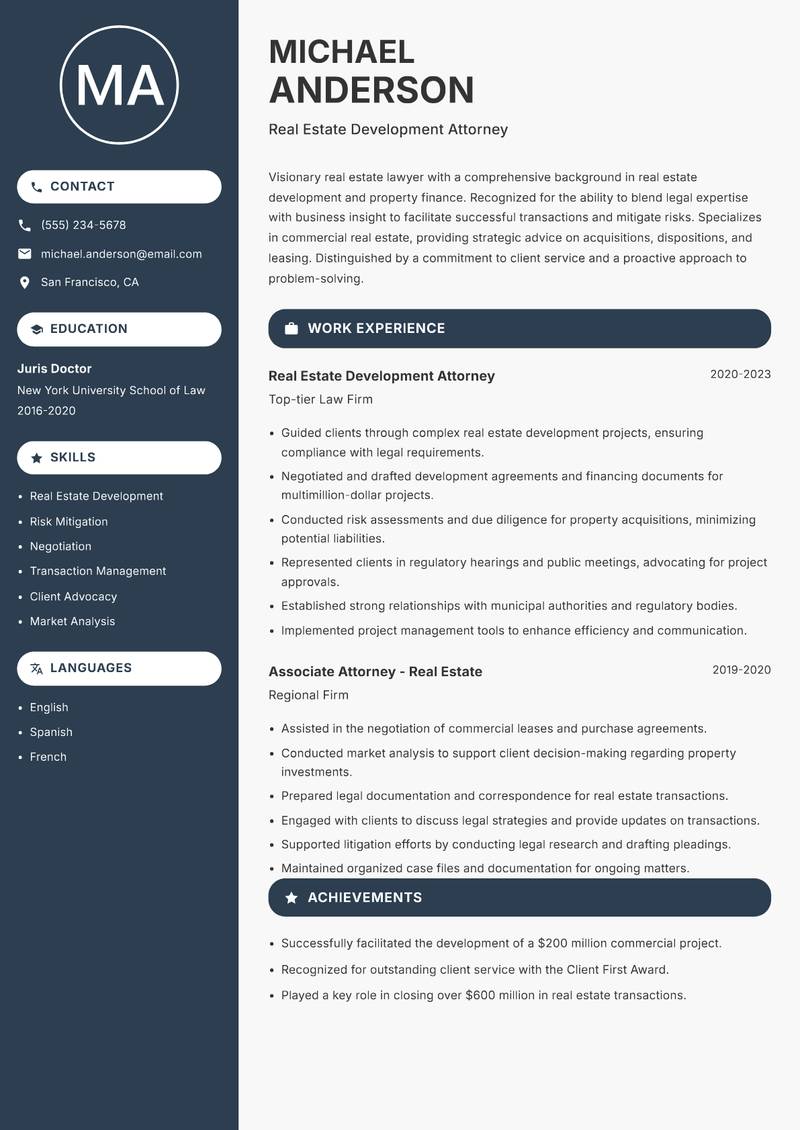 Real Estate Lawyer Resume Preview Example