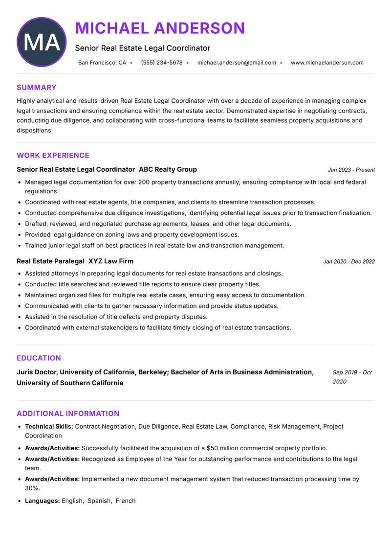 Real Estate Legal Coordinator Resume Preview Example