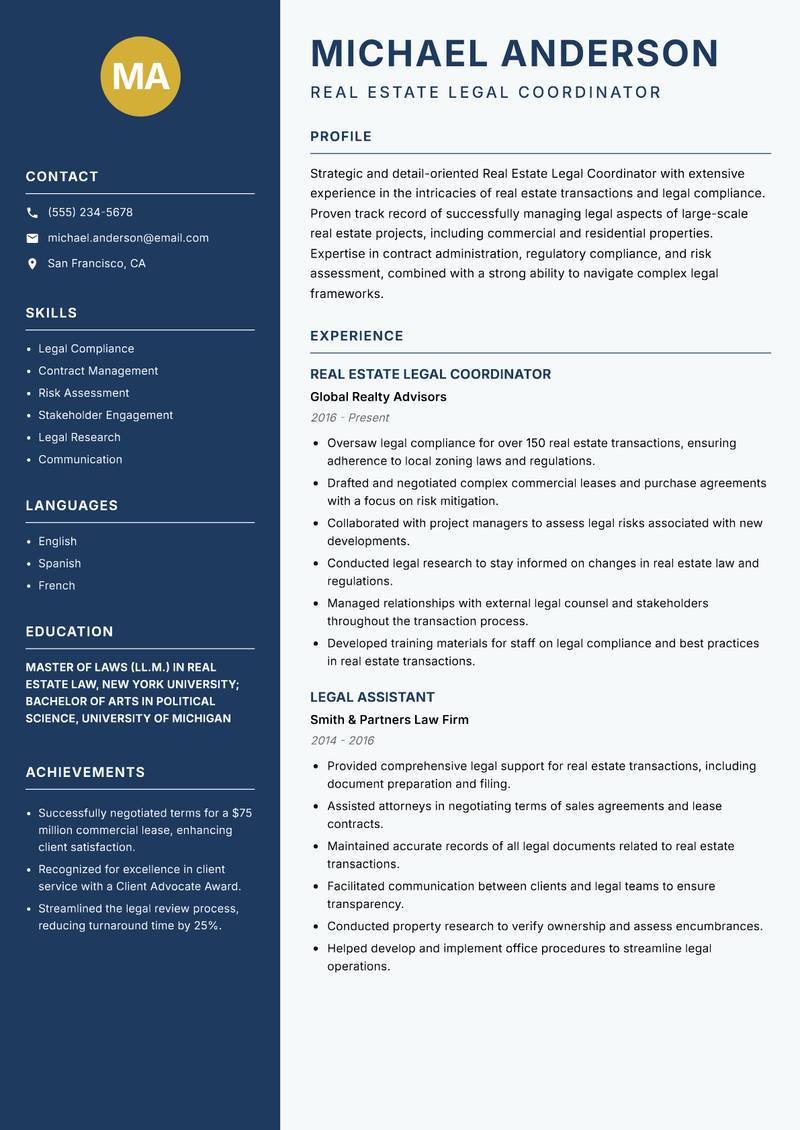 Real Estate Legal Coordinator Resume Preview Example