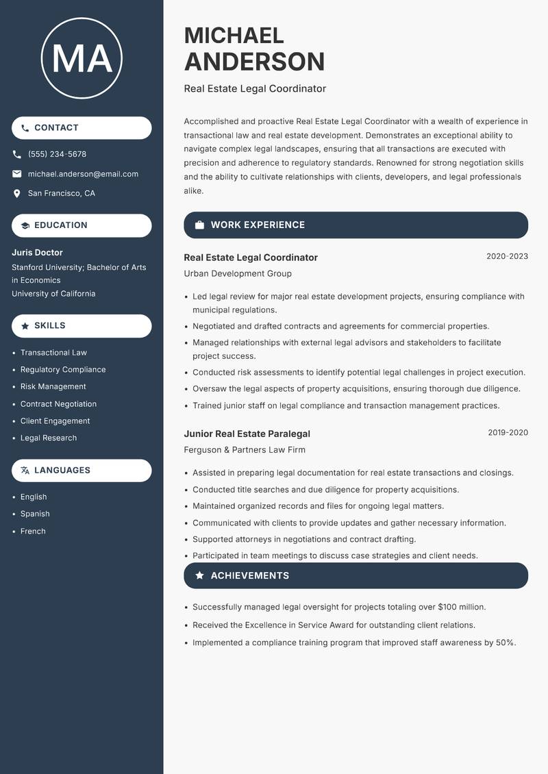 Real Estate Legal Coordinator Resume Preview Example