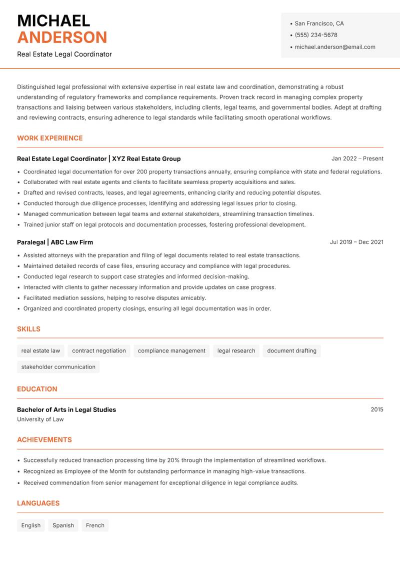 Real Estate Legal Coordinator Resume Template