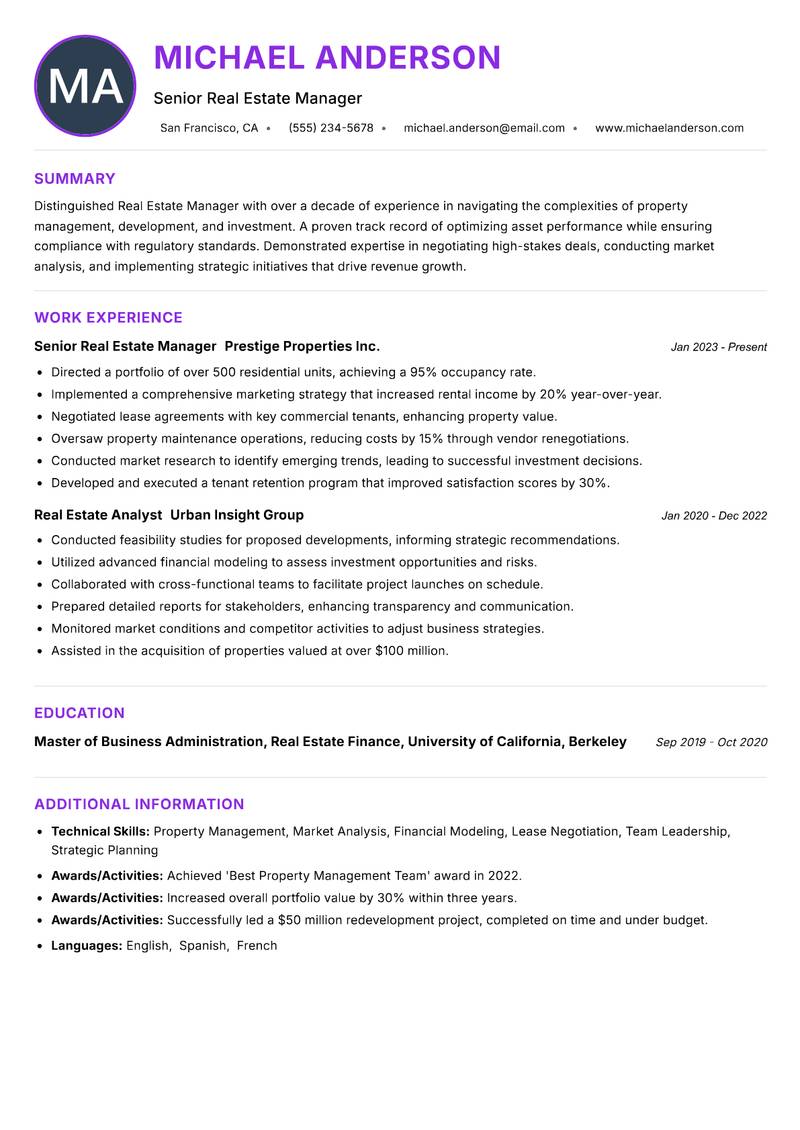 Real Estate Manager Resume Preview Example
