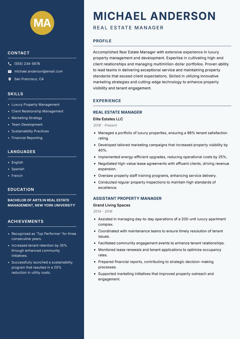 Real Estate Manager Resume Preview Example