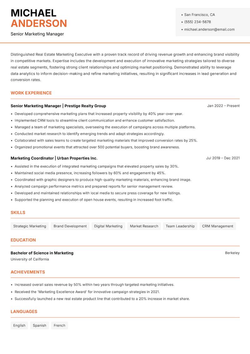 Real Estate Marketing Executive Resume Template