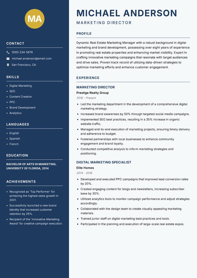 Real Estate Marketing Manager Resume Preview Example