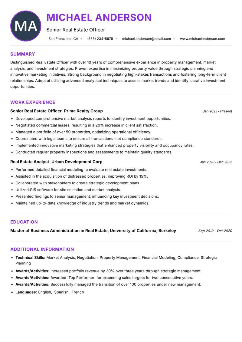 Real Estate Officer Resume Preview Example