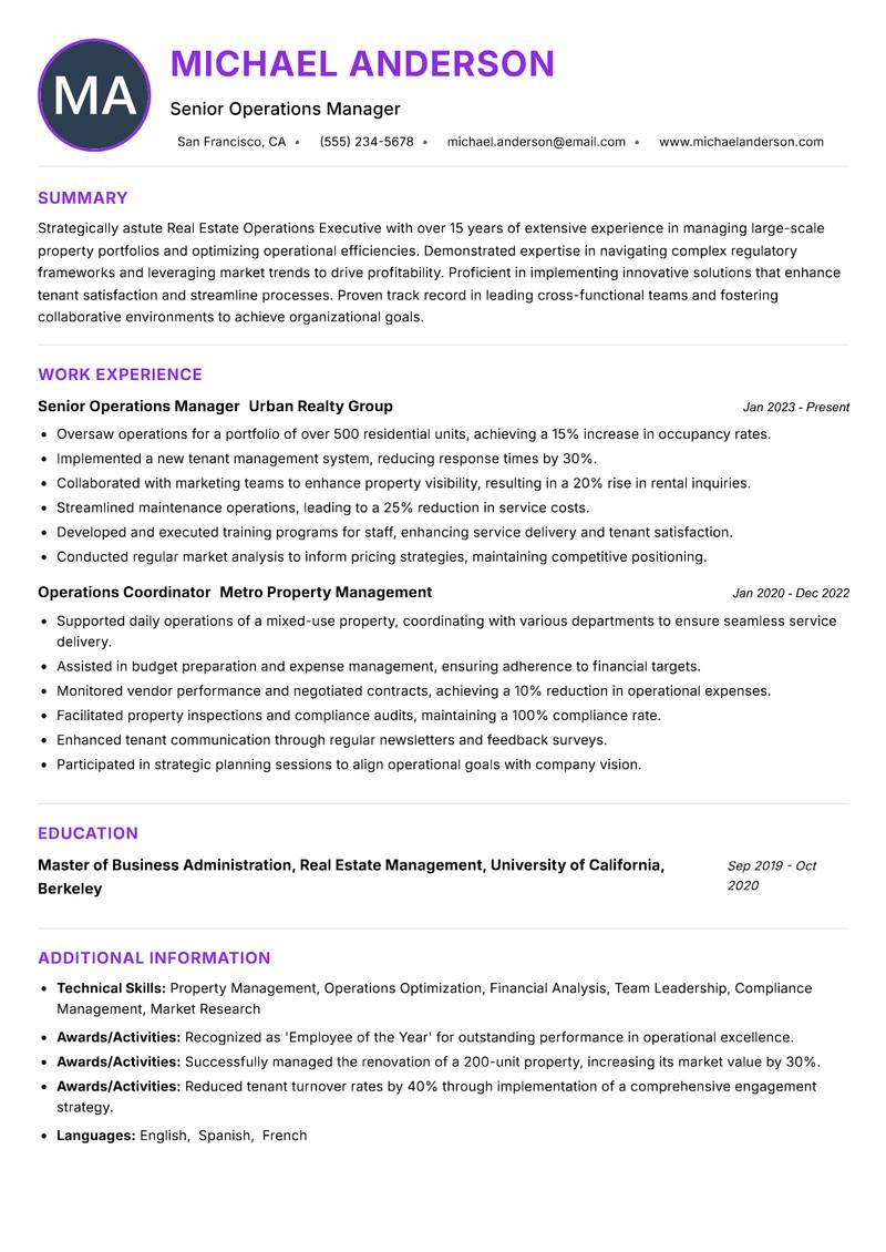 Real Estate Operations Executive Resume Preview Example