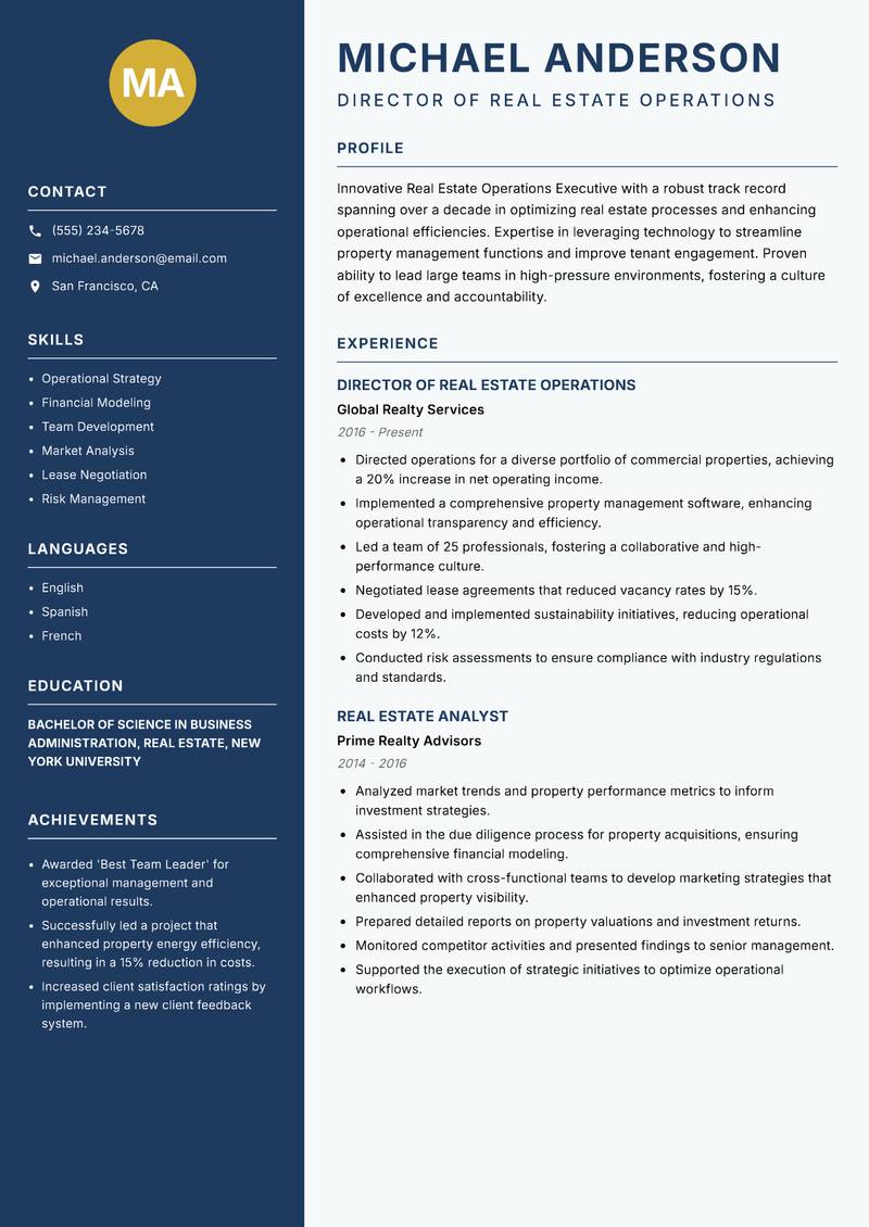 Real Estate Operations Executive Resume Preview Example
