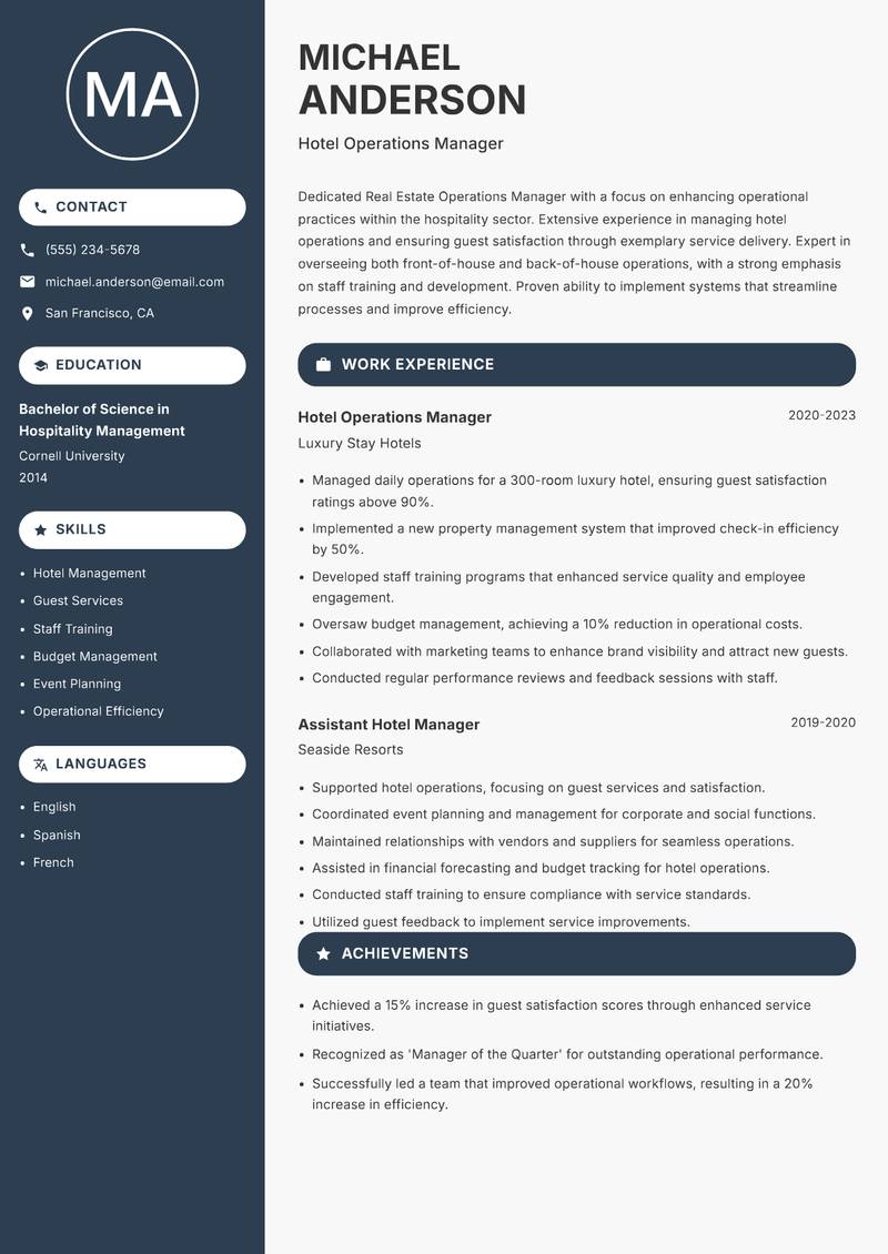 Real Estate Operations Manager Resume Preview Example