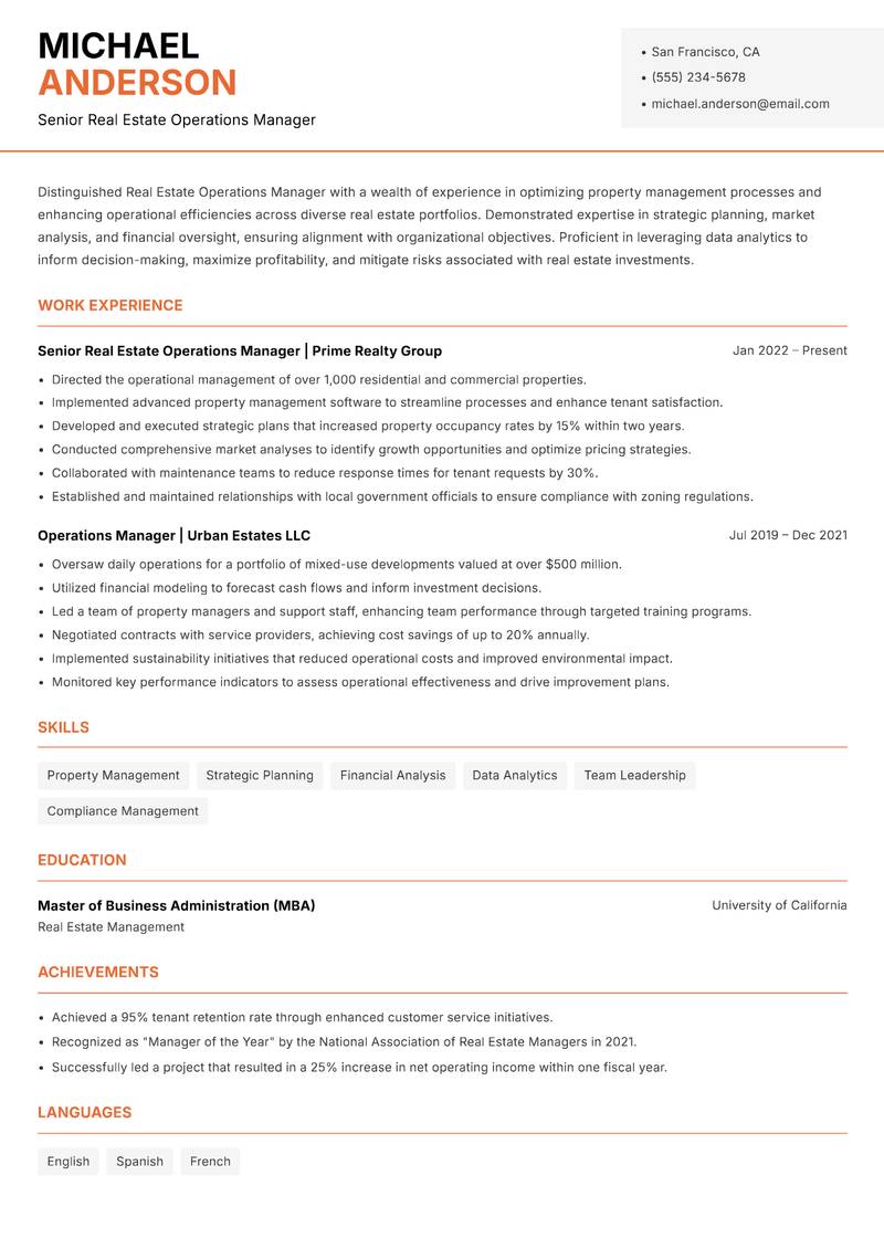 Real Estate Operations Manager Resume Template