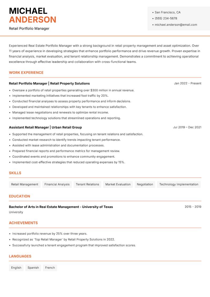 Real Estate Portfolio Manager Resume Template