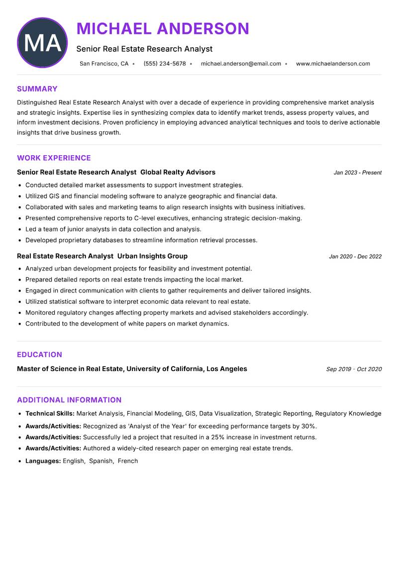 Real Estate Research Analyst Resume Preview Example