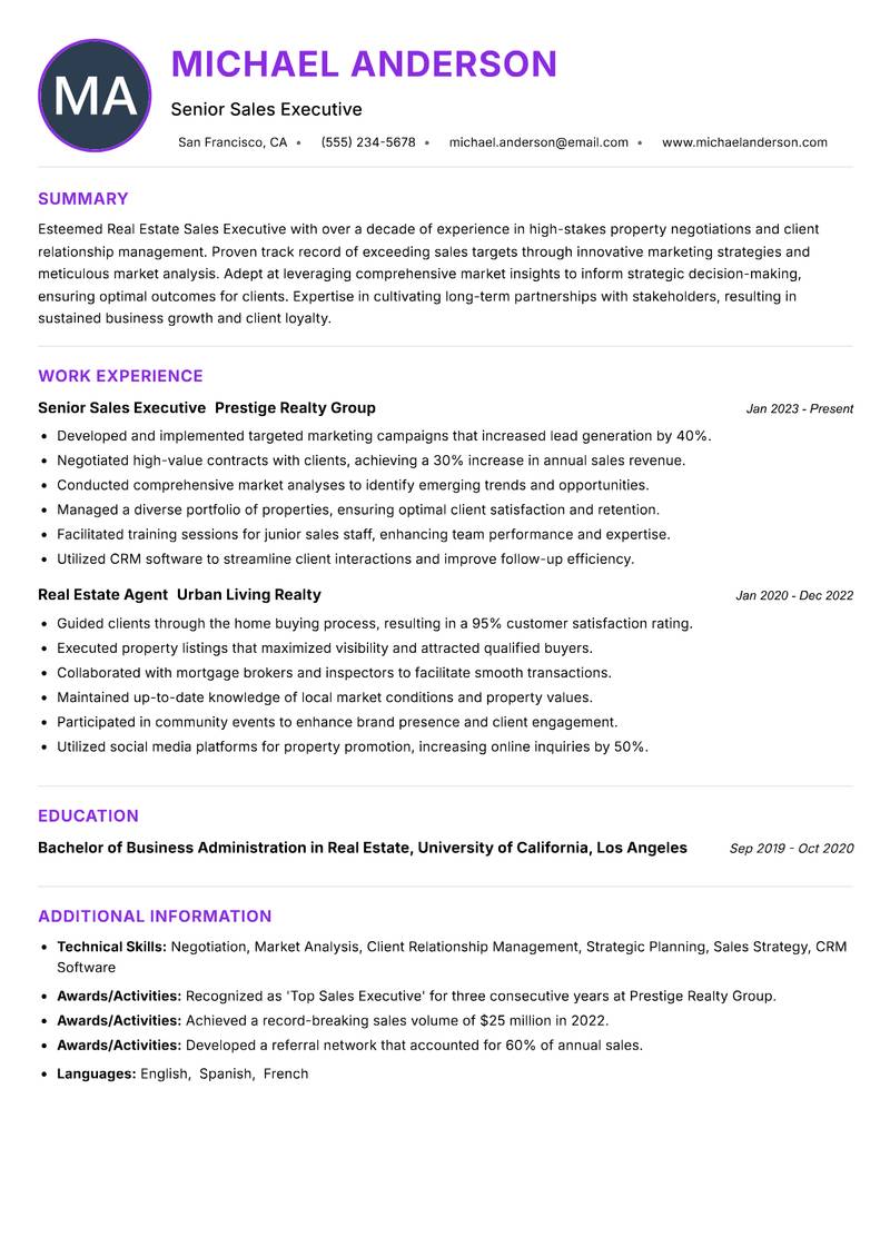 Real Estate Sales Executive Resume Preview Example