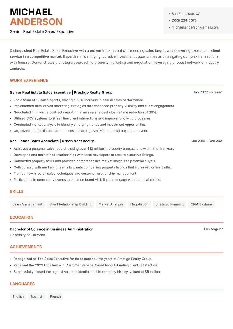 Real Estate Sales Executive Resume Template