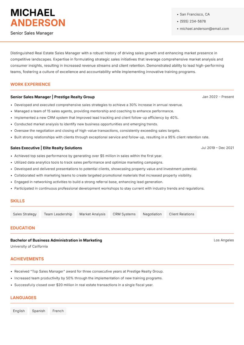 Real Estate Sales Manager Resume Template