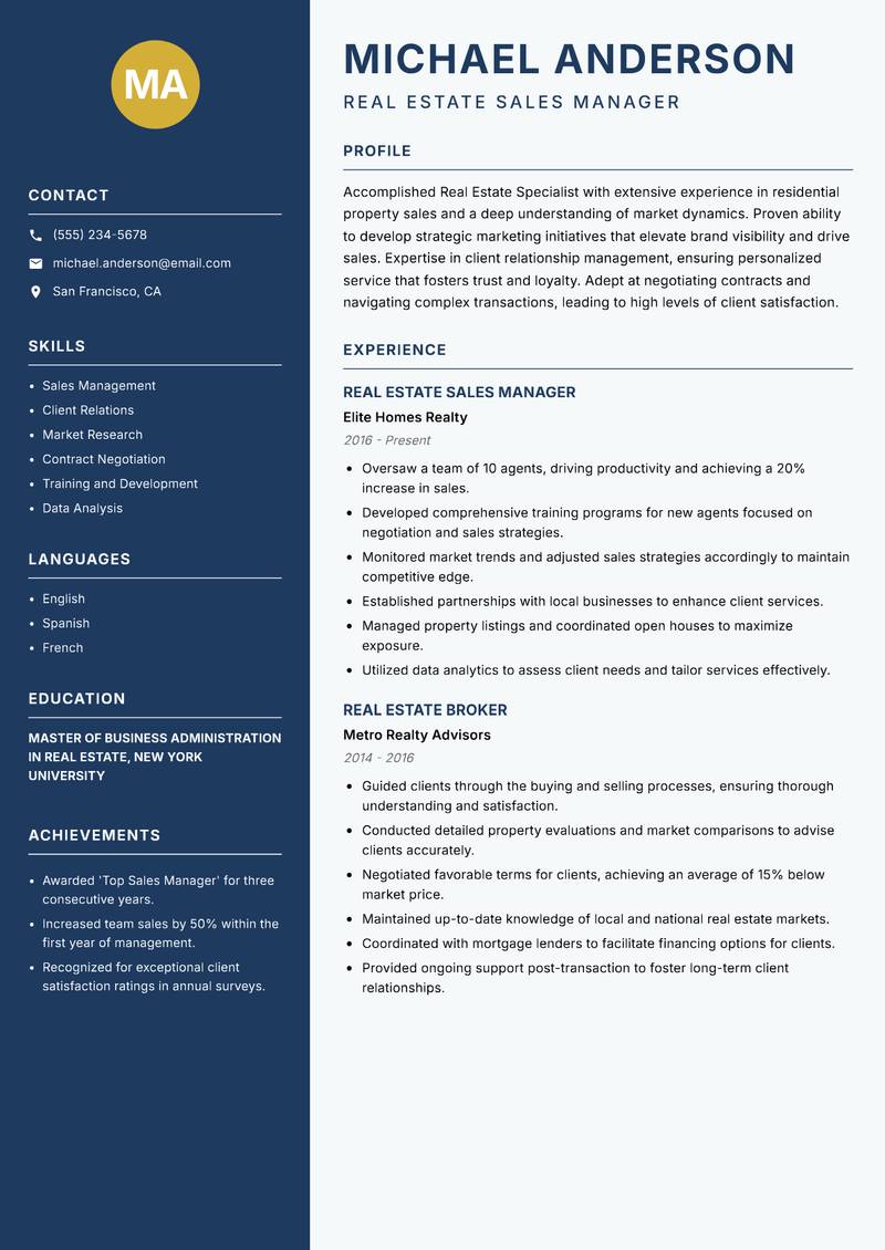 Real Estate Specialist Resume Preview Example