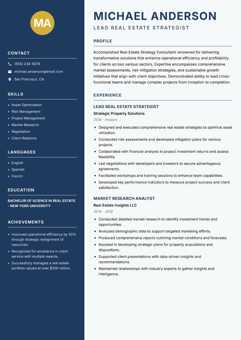 Real Estate Strategy Consultant Resume Preview Example