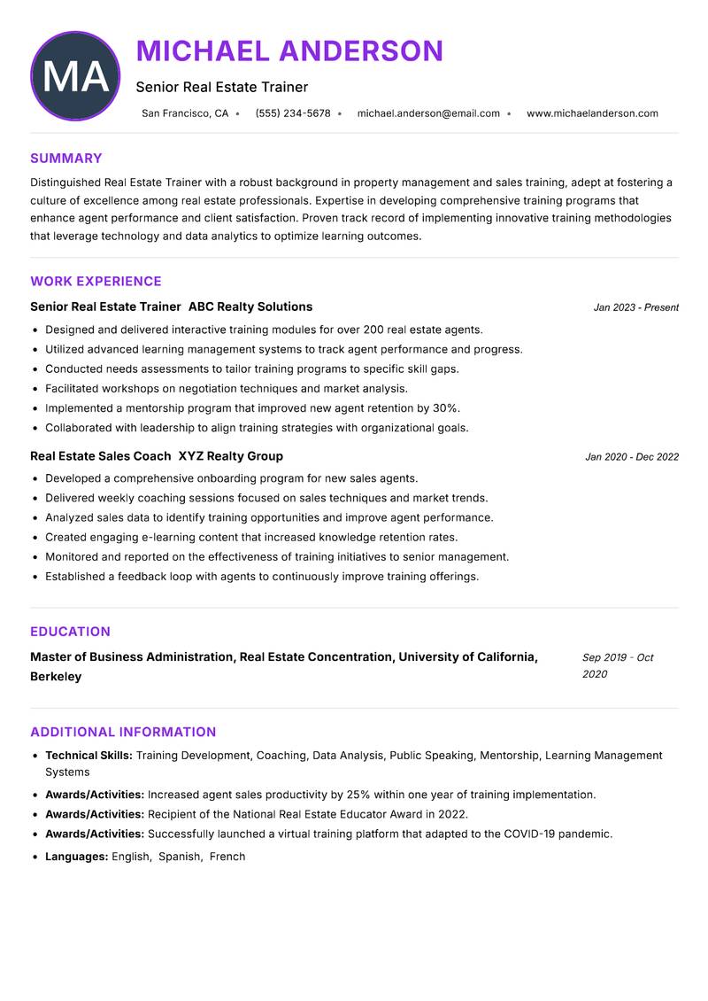Real Estate Trainer Resume Preview Example