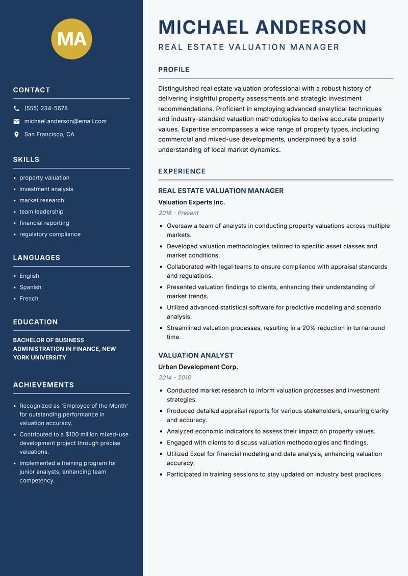 Real Estate Valuation Analyst Resume Preview Example