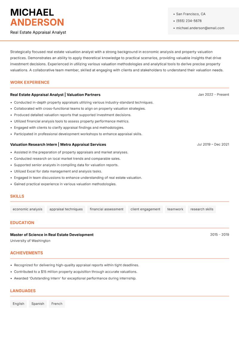 Real Estate Valuation Analyst Resume Template