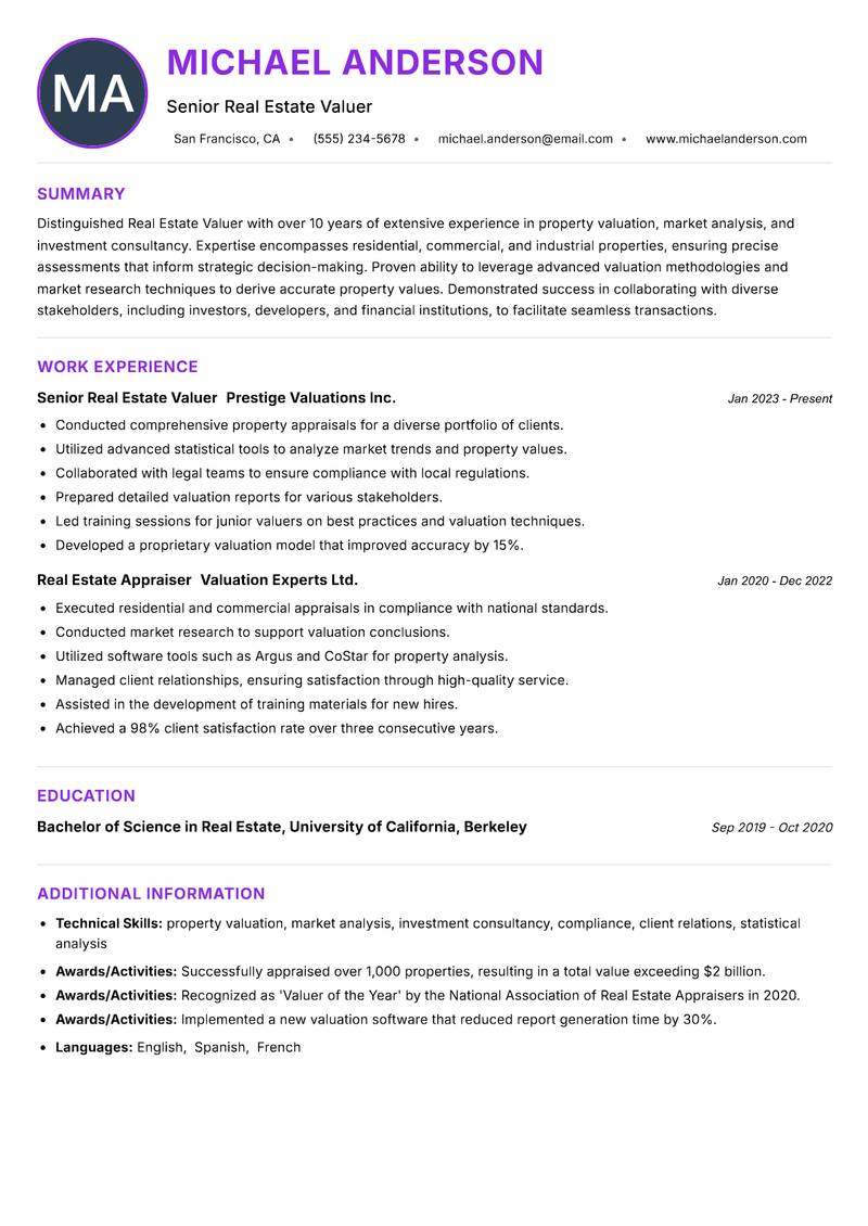Real Estate Valuer Resume Preview Example