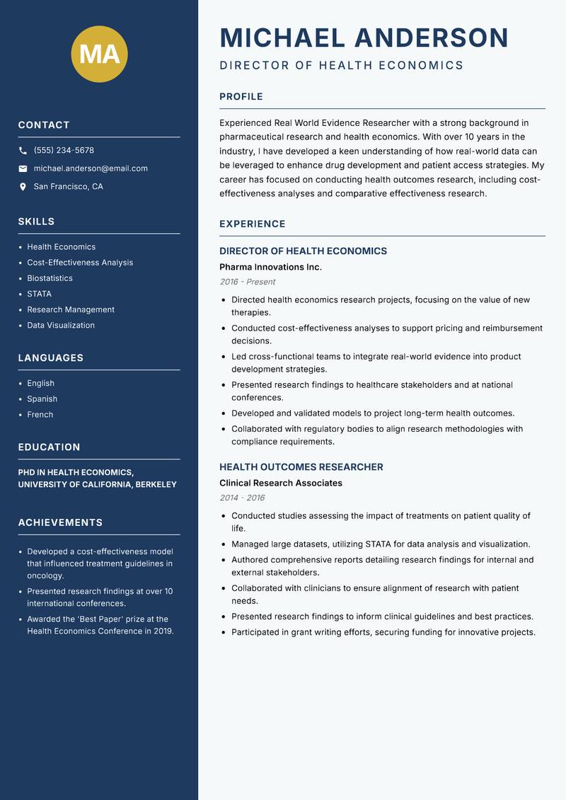 Real World Evidence Researcher Resume Preview Example