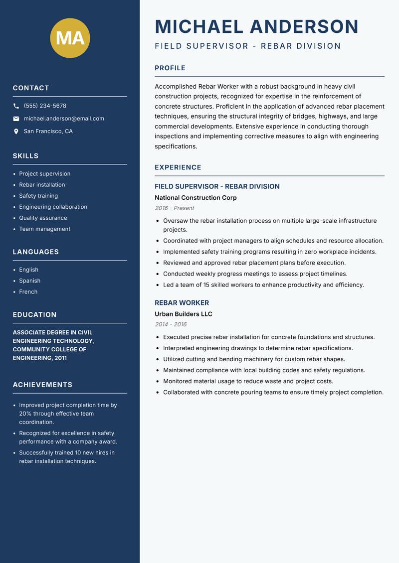 Rebar Worker Resume Preview Example