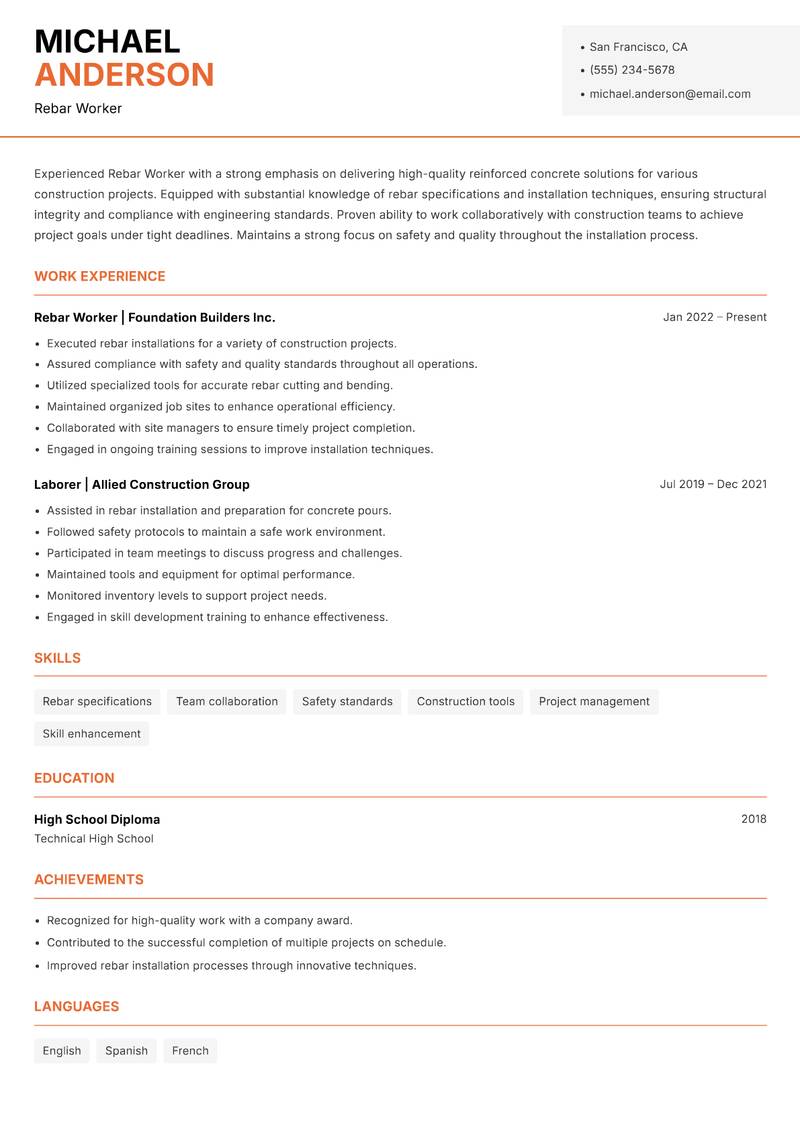 Rebar Worker Resume Template