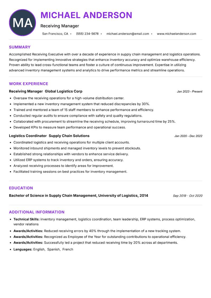 Receiving Executive Resume Preview Example