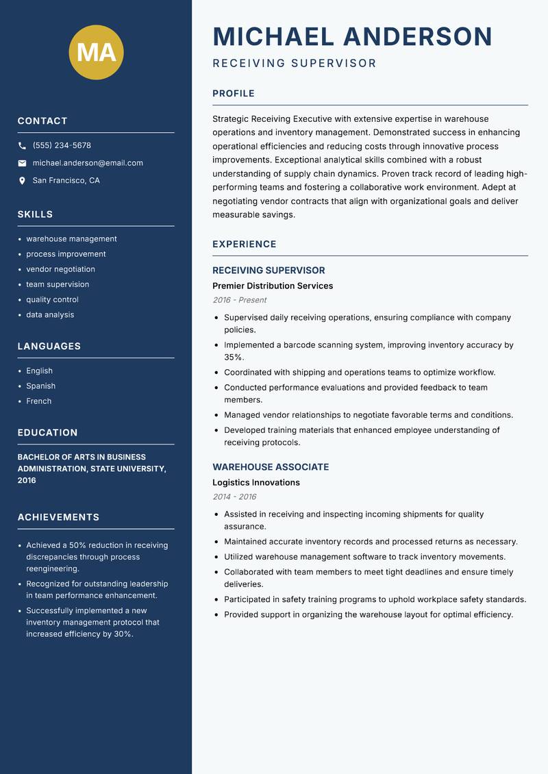 Receiving Executive Resume Preview Example