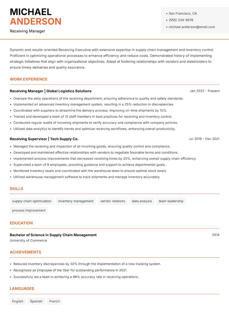 Receiving Executive Resume Template